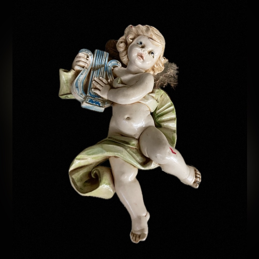 Vintage Depose Italy‎ Cherub with Harp Signed 1984 Hanging Decor 8"x 5"